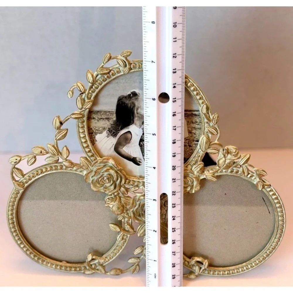 Vtg Burnes Boston Triple PhotoFrame 8X7 Antiqued Roses Birds Victorian Cottage